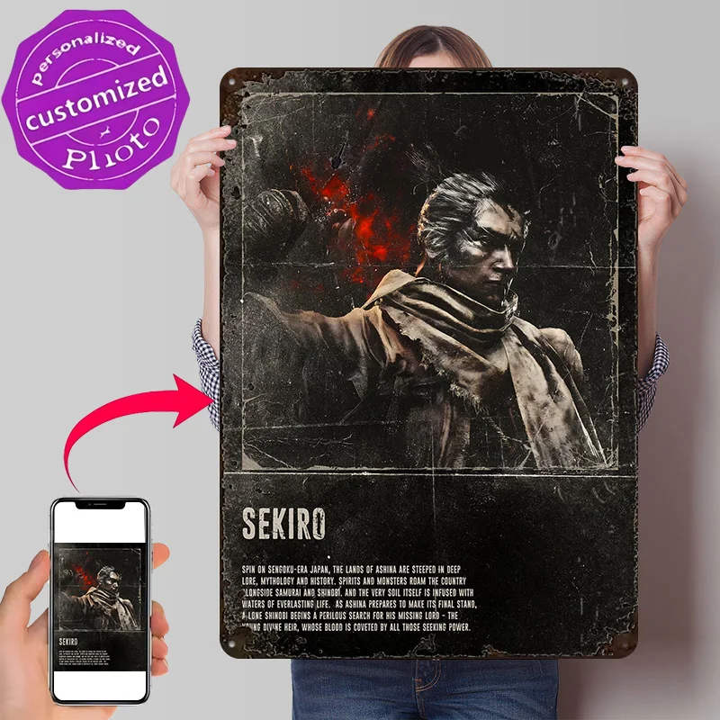 Wolf Sekiro Samurai 3D Printed Texture Poster Personalized Wall Art Retro Metal Tin Signs for Bedroom Decorations Room Decor