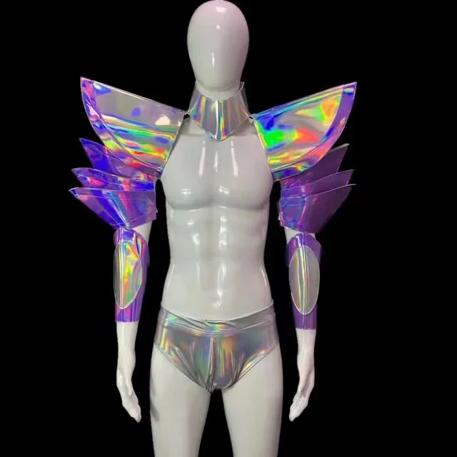 

Stage Wear Cuff Outfit Muscle Men's Space Mirror Armor Bar Dancer Performance Club Party Nightclub DJ Gogo Sexy Silver Costume