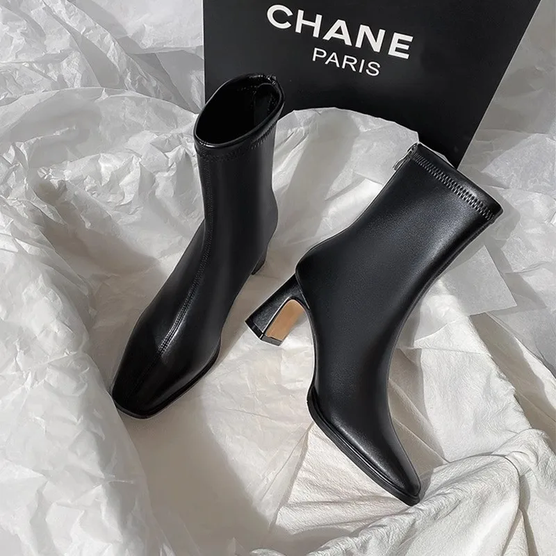 Square Ankle Boots Autumn Comfortable Soft Leather High Heel Boots Women's Fashion Zipper Simple Temperament Women's Shoes
