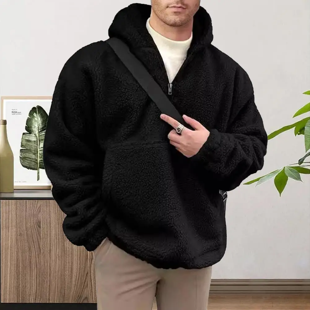 Loose Flannel Hoodie Men's Double-sided Flannel Half-zipper Hoodie with Front Pocket Thermal Lining Cozy Winter Top for Casual