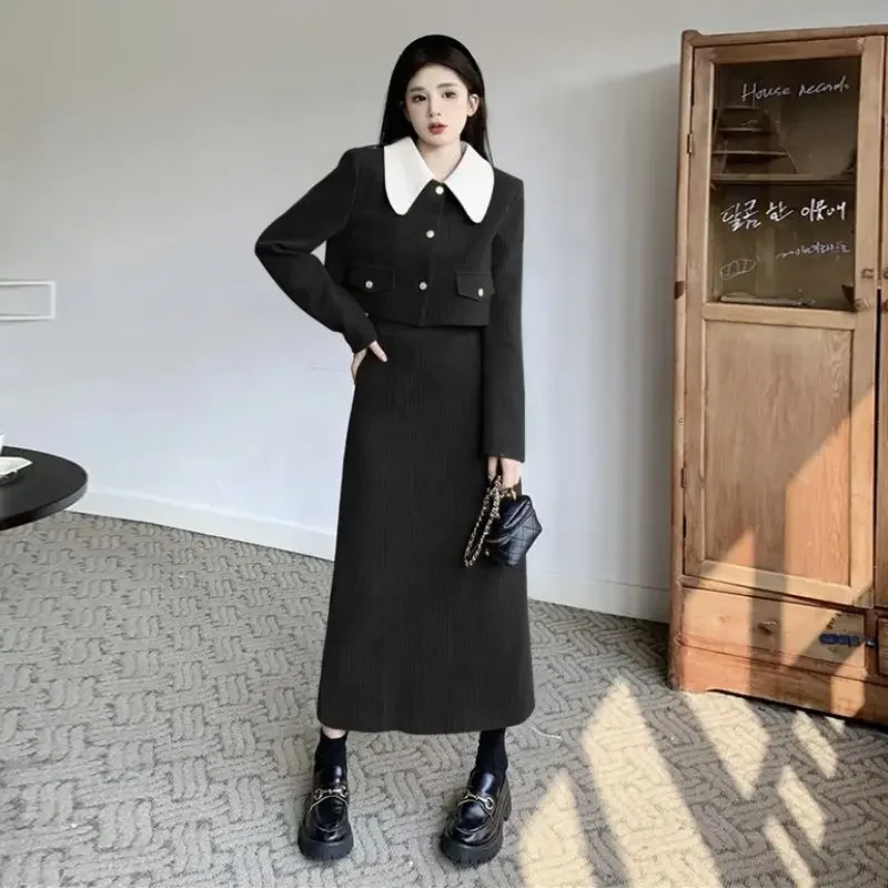 UNXX Spring Autumn High Quality Black White Corduroy Jacket Robe Tweed Skirt Two Piece Luxury    Set Office Lady