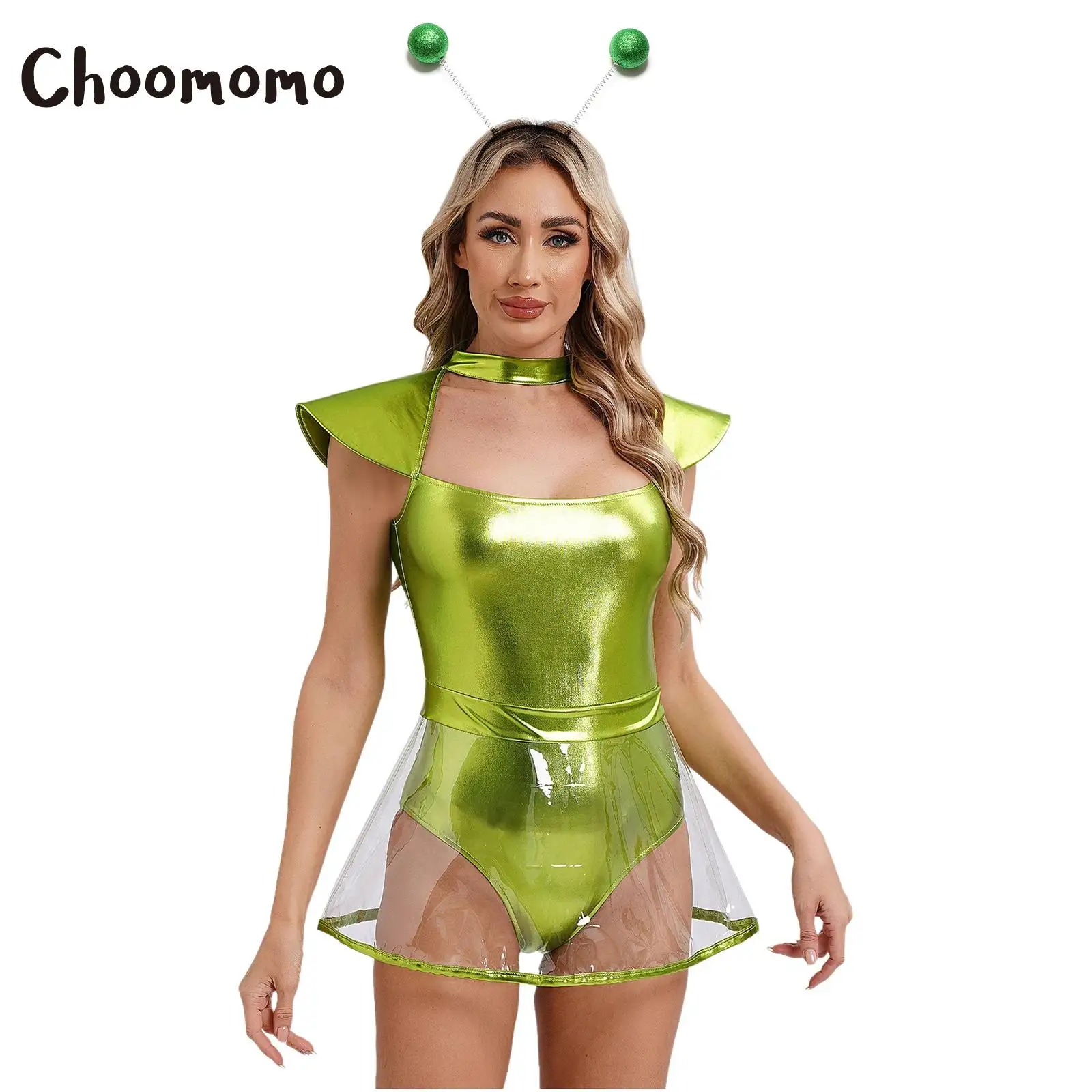 Womens Outer Space Alien Costume Metallic Cutout Skirted Leotard Bodysuit Extraterrestrial Halloween Cosplay Party Dress Up