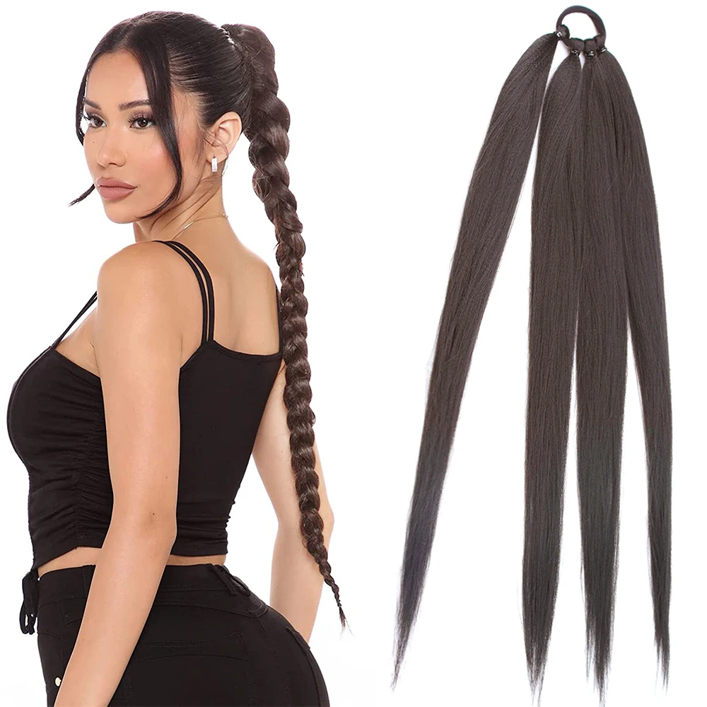 

Synthetic Yaki Boxing Braid Ponytail Extensions Wrap Around Ponytail With Rubber Band 26 Inch DIY Ombre Black Brown Grey