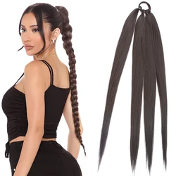 Extensiones de coleta trenzada de boxeo Yaki sintético, envoltura alrededor de cola de caballo con banda de goma, 26 pulgadas, bricolaje, Ombre, negro, marrón, gris