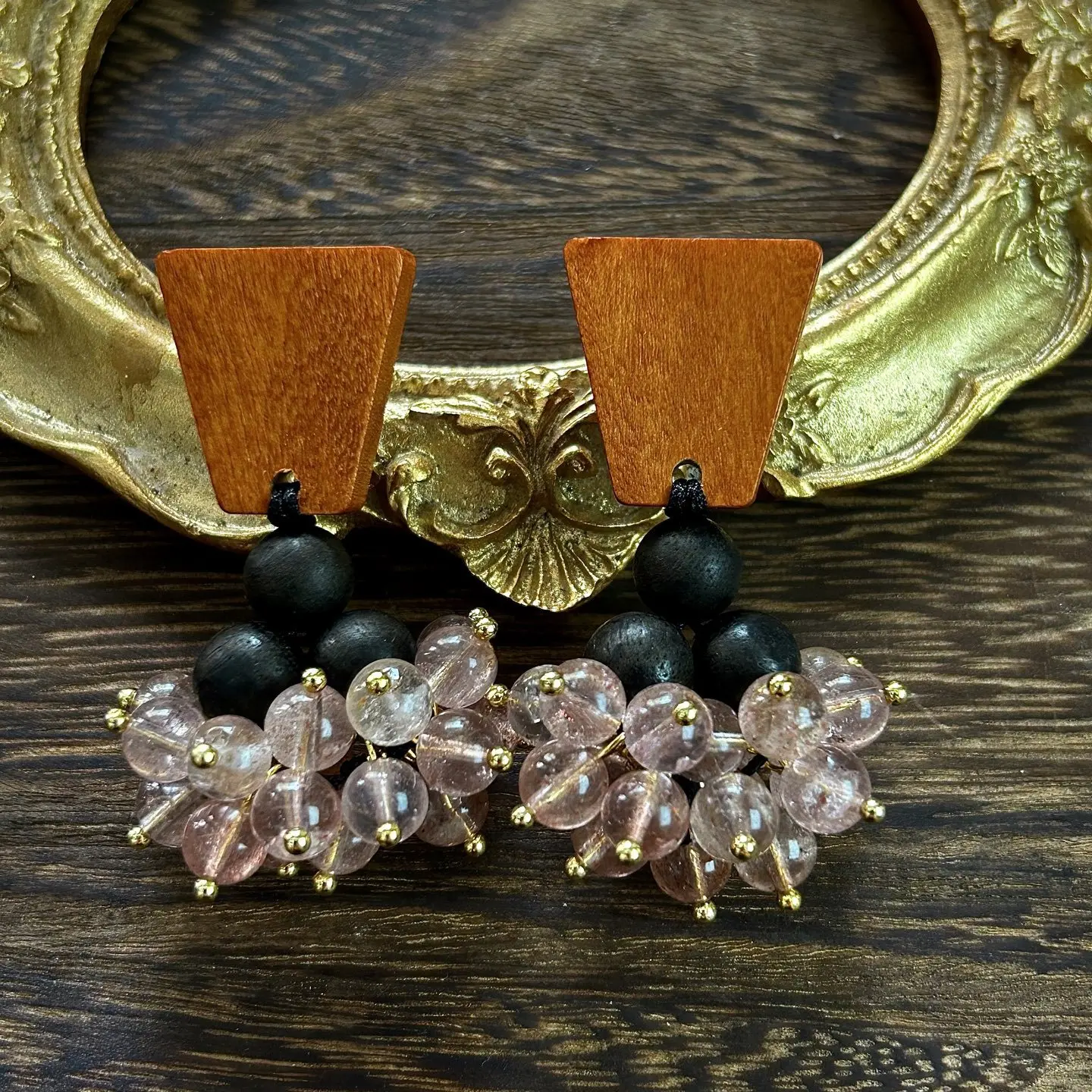 Monies wind natural strawberry crystal flower cluster wooden handmade earrings women's 925 silver needle personality big earring