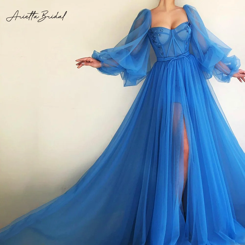 

Arietta Blue Tulle A-Line Prom Dresses Sweetheart Long Puff Sleeves High Slit Maxi Evening Party Gowns 2023 Formal Event Dresses