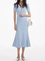 Women's Blue Knitted Robe V-Neck Elastic Waist Short Sleeve Slim Elegant Autumn 2024 Maxi Dress