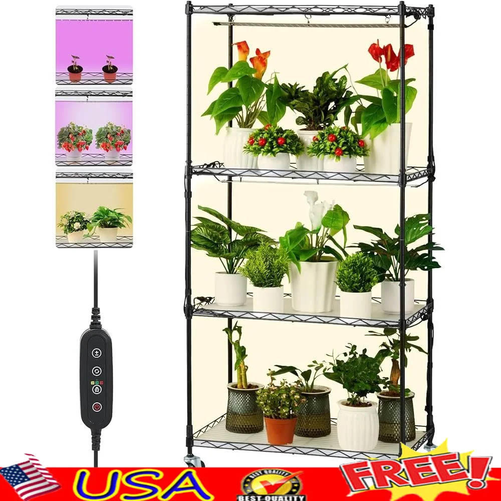 4-Tier Plant Stand with Grow Light Full Spectrum 45W 3 Modes Timer Adjustable Intensity Metal Shelf Indoor Plant Rack Wheels