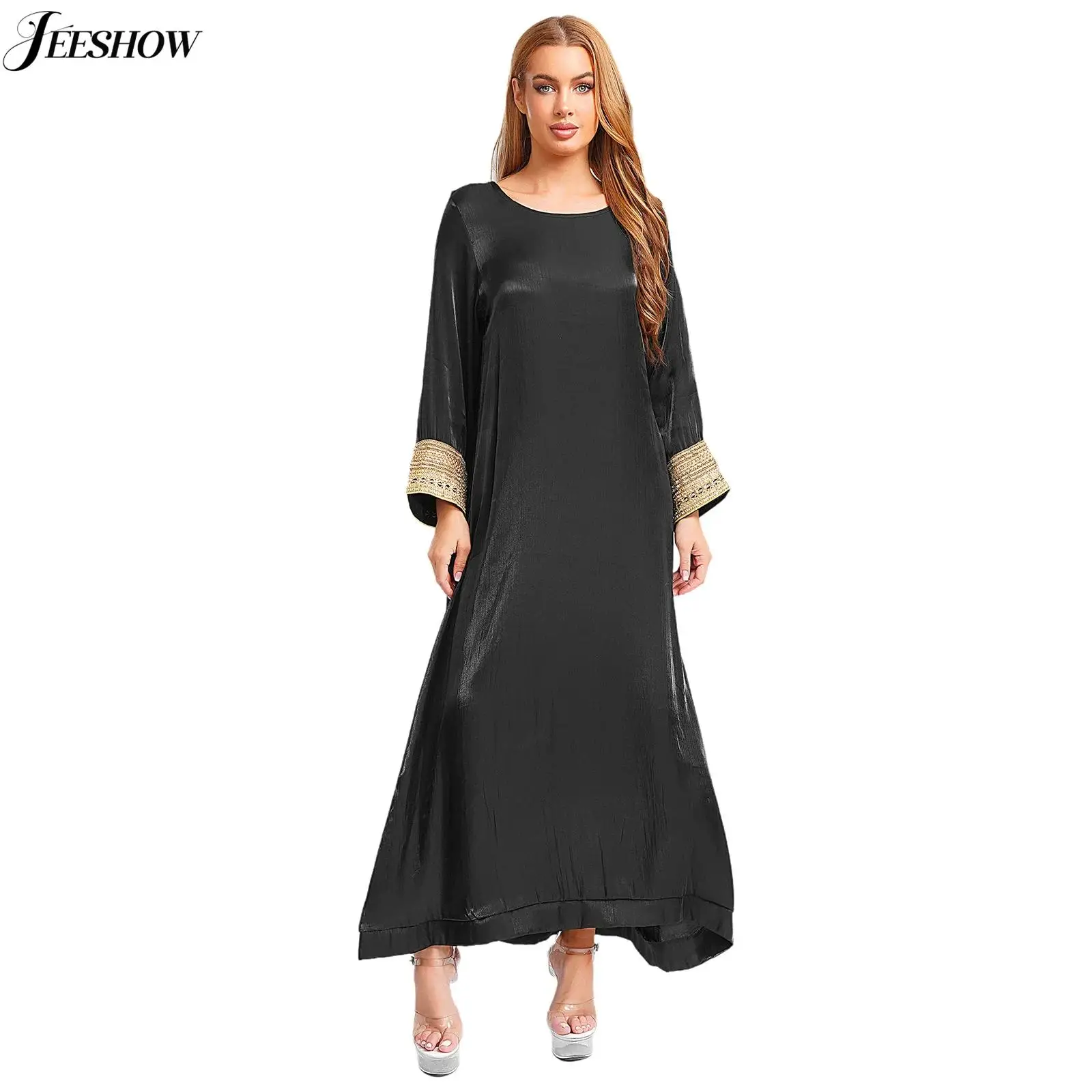 

Womens Muslim Abaya Dress Embroidered Trim Crew Neck Long Sleeve Loose Maxi Dress Middle East Saudi Arabic Pullover Kaftan Dress