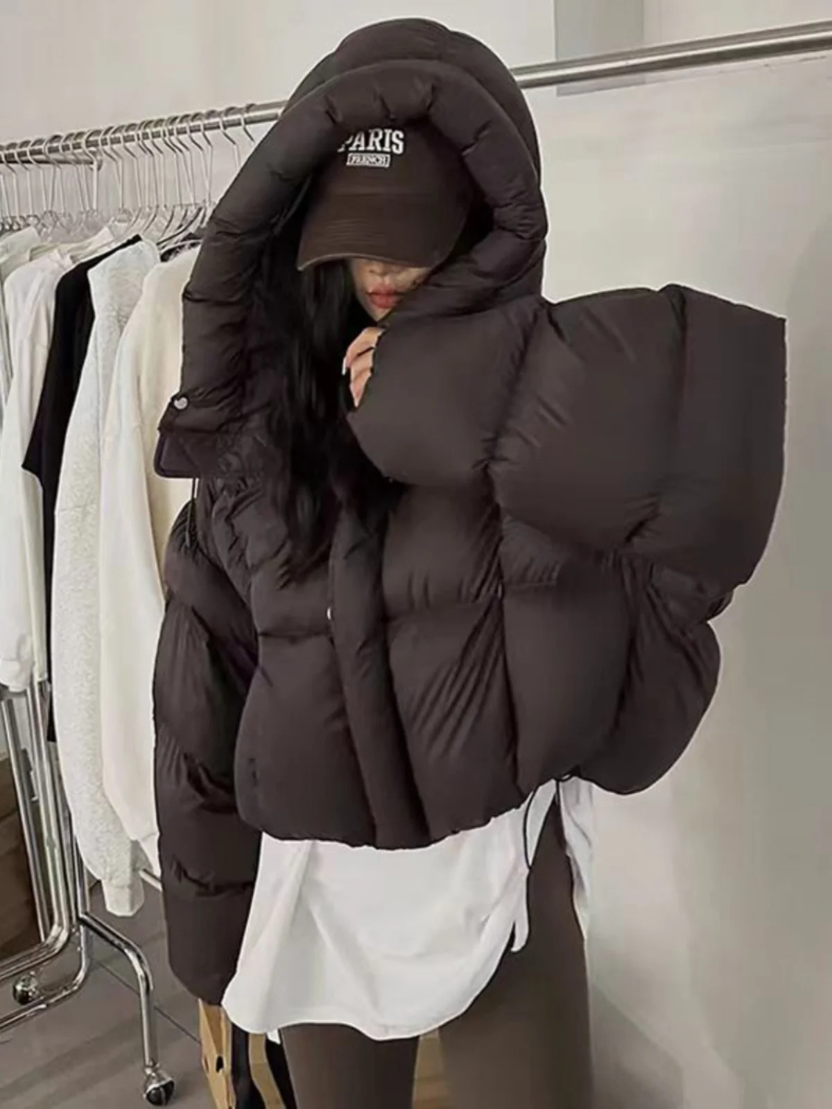 

Fasionable Cotton Women's Winter Clothes Sli American Bread Sle Coat with Hood Korean Version Loose Fit