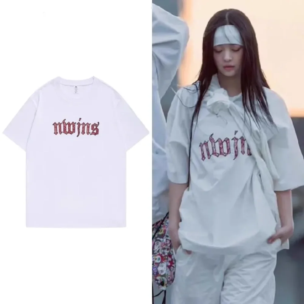 

Новая футболка унисекс из чистого хлопка в стиле джинсов с коротким рукавом и надписью, летний костюм для выступлений, свободный крой