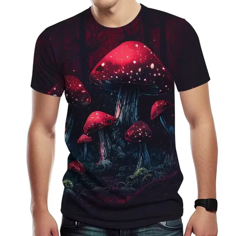 

2026 Men's T-shirt Featuring a 3D Printed Psychedelic Mushroom Pattern with Vibrant Colors and Textured Visual Effect