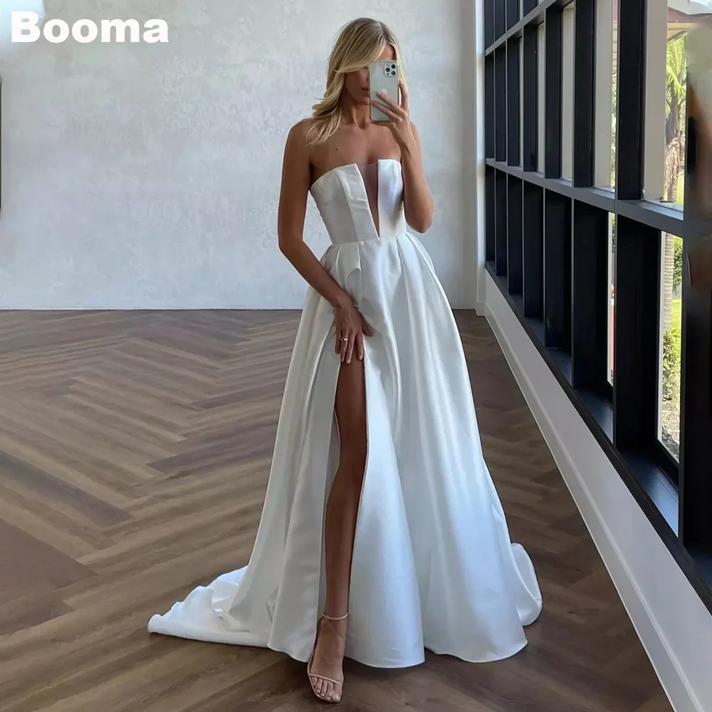 

Booma Elegant Long Wedding Dresses Strapless Sleeveless Bridals Evening Dress for Women High Side Slit A-Line Party Prom Gowns