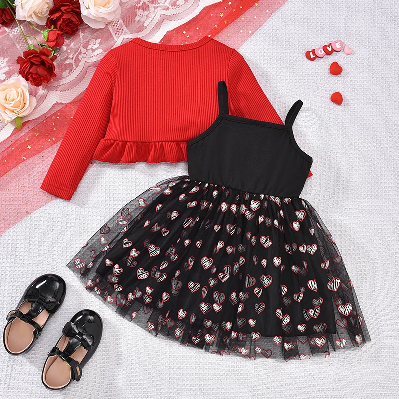 Toddler Girl Valentine's Day Outfit Solid Ruffled Long Sleeve Crop Tops with Heart Print Spaghetti Strap Tulle Dress