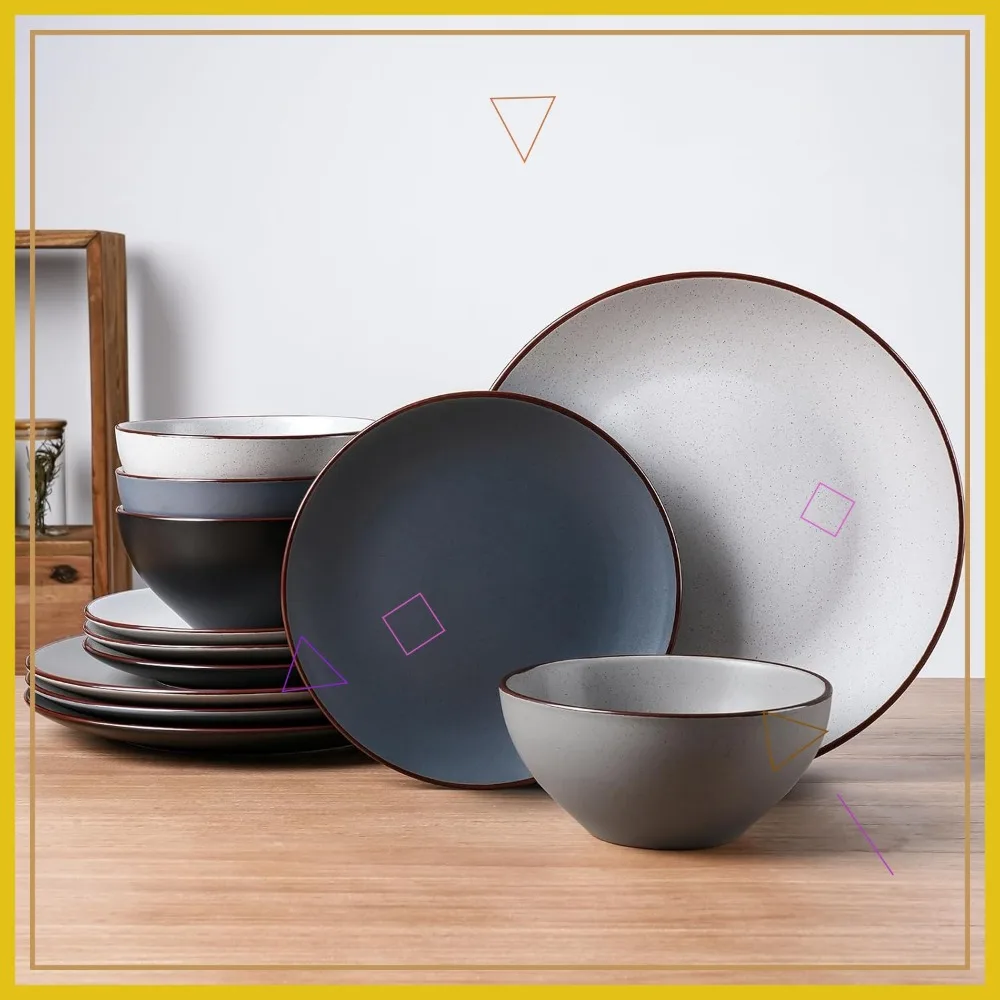 

12-Piece Stoneware Speckled Dinnerware Set for 4, Microwave & Dishwasher Safe, Matte Multi-Color Plates and Bowls