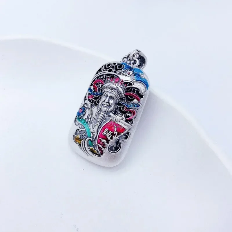 قلادة مجوهرات مزدوجة الجوانب ، قلادة مجوفة ، إله الثروة الكلاسيكي الملون ، مينا الفضة ، الطراز الصيني