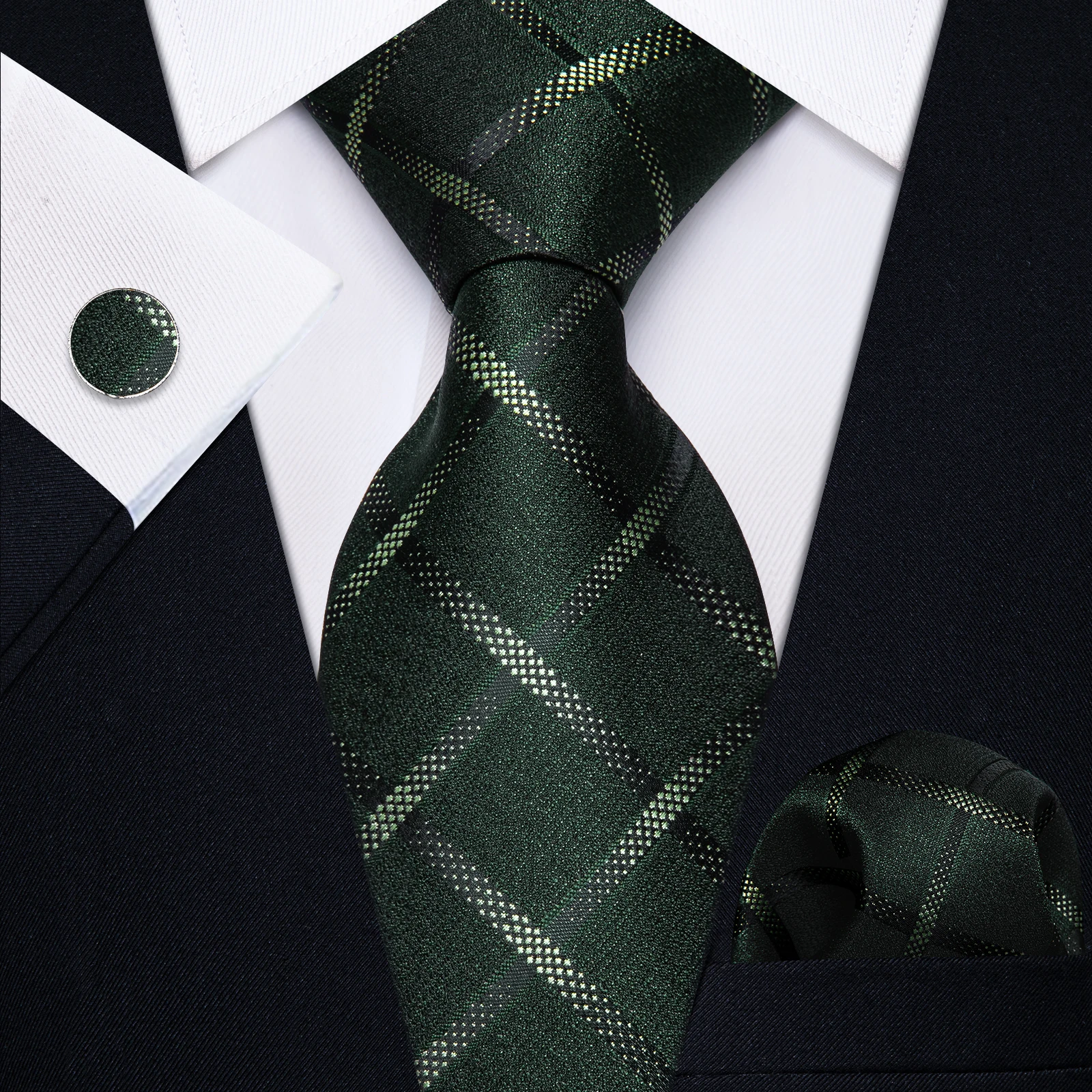 

Classic Men's Luxury Business Tie Set Tuxedo Accessory Fashion Silk Green Plaid Necktie Handkerchief Cufflinks Set for Man Party