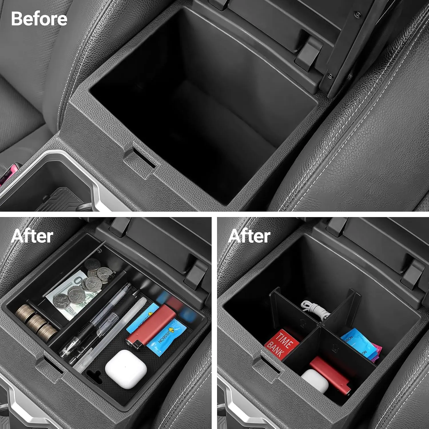 2PCS for Toyota Tacoma 2024 -2026 Armrest Storage Box Center Console Organizer Tray Tidying Car Interior Accessories Black ABS view 2