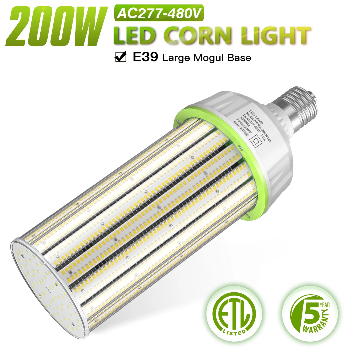 

200W LED Corn Bulb Cob Light 277-480V E39 Led Lamp 27000LM 800W CFL HID HPS MH Equivalent,Warehouse Workshop Lighting