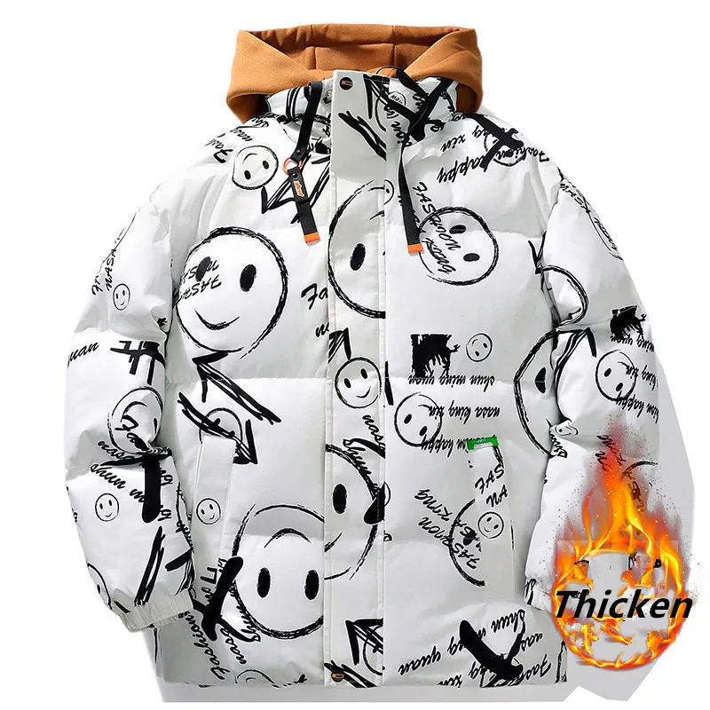 Mới Graffiti Đường Unisex Mùa Đông Dài Mới Ấm Dày Hood Parkas Áo Khoác Choàng Trang Phục Cổ Điển Chống Gió Bỏ Túi Vải Dù