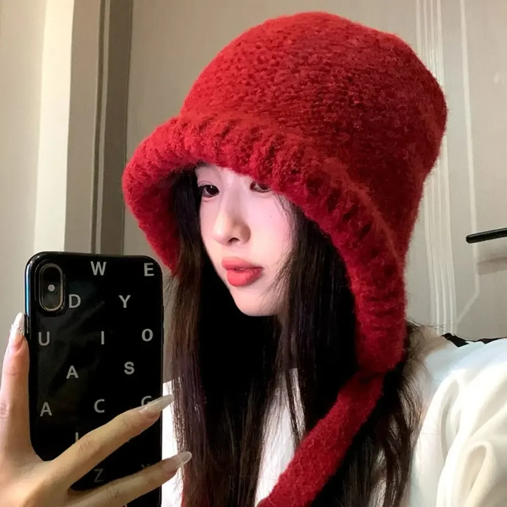 Chapeau d'oreille thermique rétro japonais pour femme, bonnet tricoté à la main, mode hiver