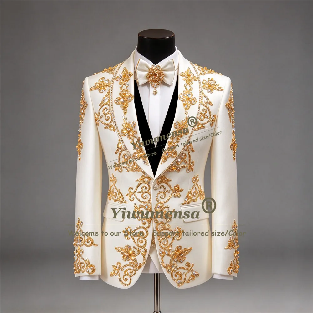 Exclusive Men's Suit For Wedding Gold Crystals Stones Jacket Pants 2 Piece Sets Groom Tuxedo Customized Male Anniversary Clothes