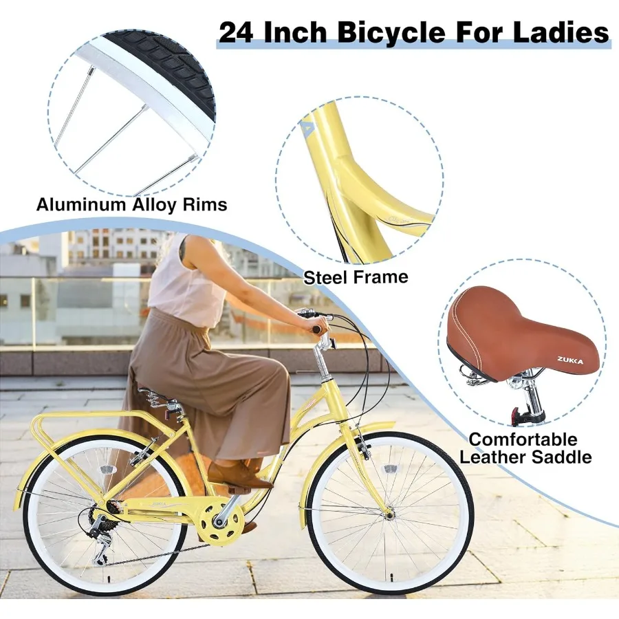 Rower damski cruiser dla dorosłych, 24/26 cali, 7 biegów, stalowa rama, rowery miejskie, rower dojazdowy dla kobiet, mężczyzn, seniorów, różne kolory