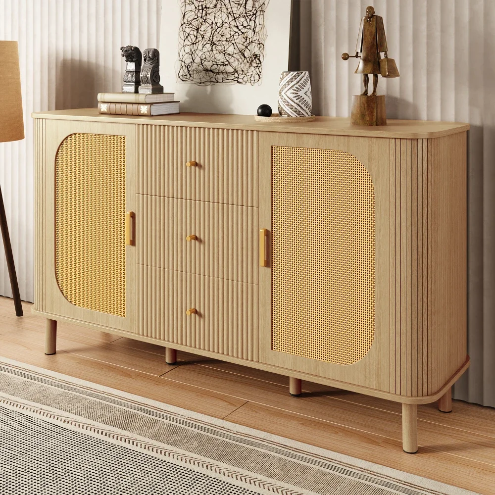 Modernes Sideboard mit vielseitigen Holzoptik-Schubladen, Regalen, Metallbeinen für die Aufbewahrung im Wohnzimmer – Detail 3