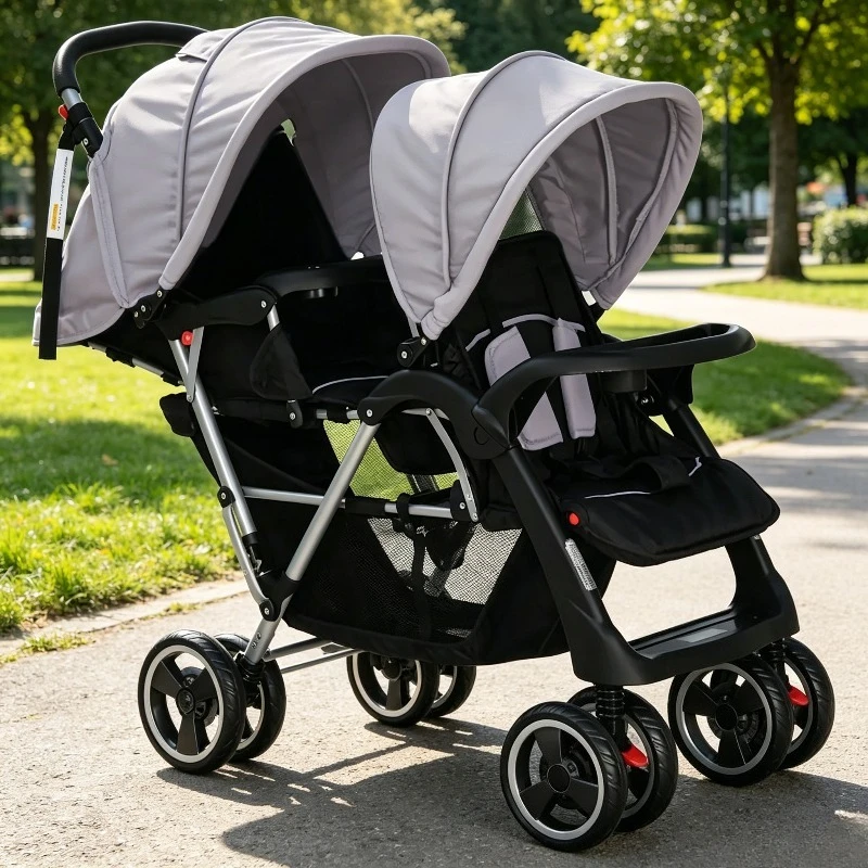Poussette double en acier gris et noir, structure robuste et pliable, idéale pour les sorties familiales, les courses, le parc et l'usage quotidien