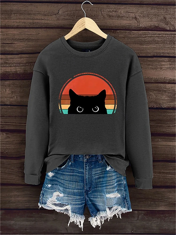 3d Fun Cat Print Long Sleeve Women's O Neck Top New Autumn Elegant Hoodless Sweatshirt Fashion Street Casual Top Women's