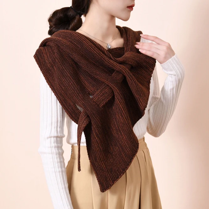 

Fashion Spring Autumn Knitted Shawl Women Crochet Shoulder Guard Neck Infrared Pierced Cloak Tied Scarf Fake Shawl Coffee