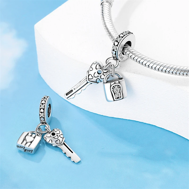 Original 925 Sterling Silver 2Pcs Key Lock Heart Charms Beads Zircon Dangle For Women Fine DIY Birthday Jewelry Gifts