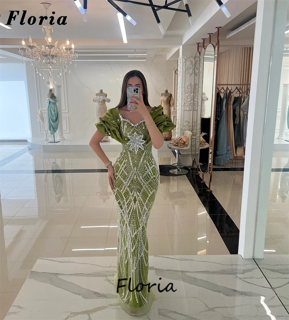 

Elegant 2025 Green Mermaid Cocktail Dresses Arabic Dubai Off Shoulder Beaded Party Dress For Wedding Evening Gowns Customized