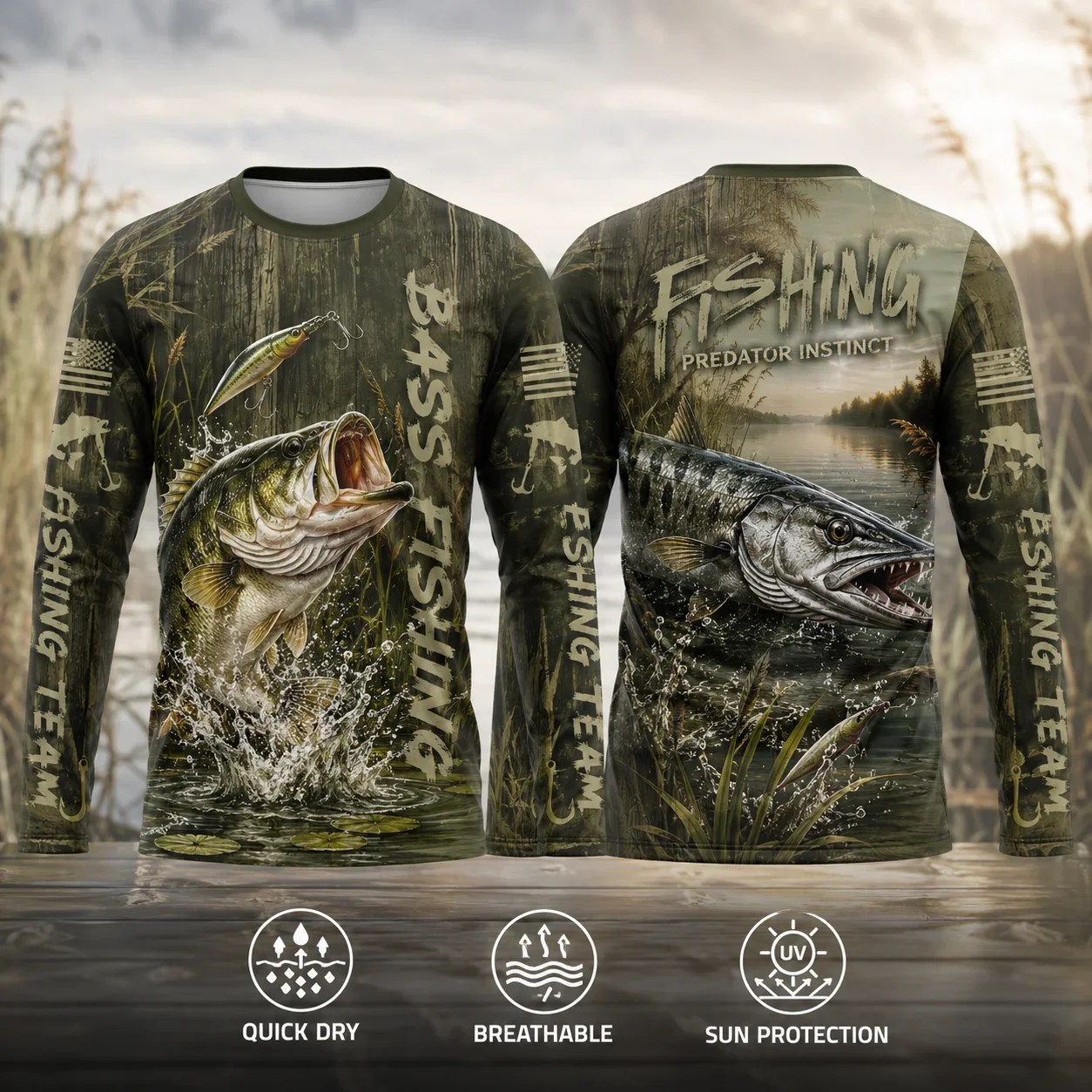 Men's Bass Fishing Long Sleeve T-shirt UPF50+ Sun Protection Quick Dry Breathable Camo Fishing Shirt Outdoor Angling Top