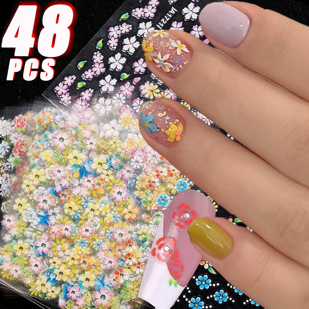 48pcs Flower with Diamond Nail Stickers Set 3D Nails Art Stickers Self-Adhesive Assorted Patterns Blossom Manicure Decorations