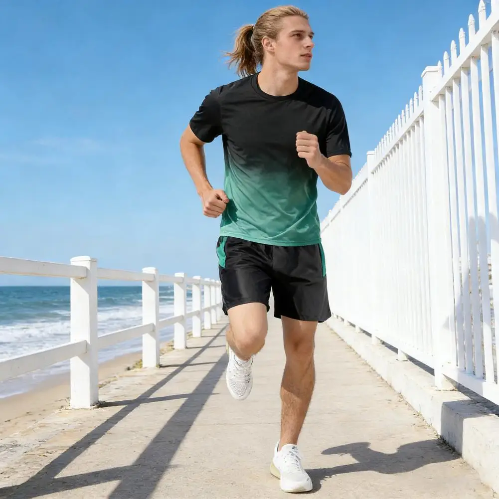 

Men Casual Two-piece Set Gym Clothing Set Elastic Waist Solid Color Sportswear Quick Drying Thin Fitness Suit Athletic Clothing