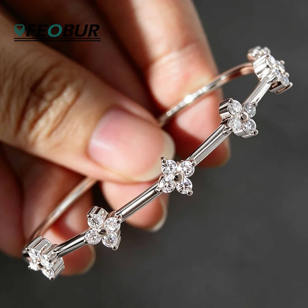 Certified 2.5mm Round Flower Moissanite Bangle for Women Solid S925 Silver Plated 18k Gold Clover Bracelet Luxury Female Jewelry