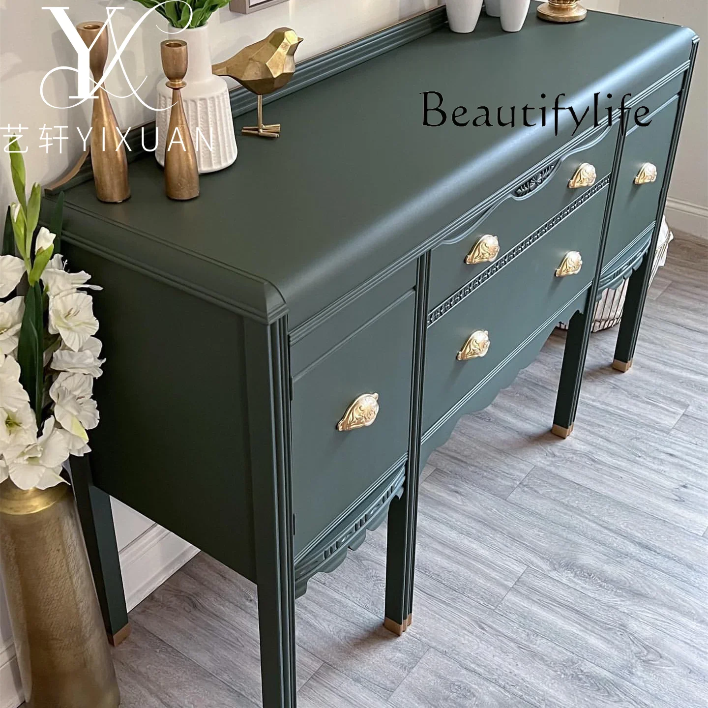 Rr ZY الفرنسية الرجعية خشب متين منحوتة الشرفة خزانة غرفة المعيشة الأمريكية ديكور المنزل الطعام خزانة جانبية الفن جدار تخزين الكابينة #3