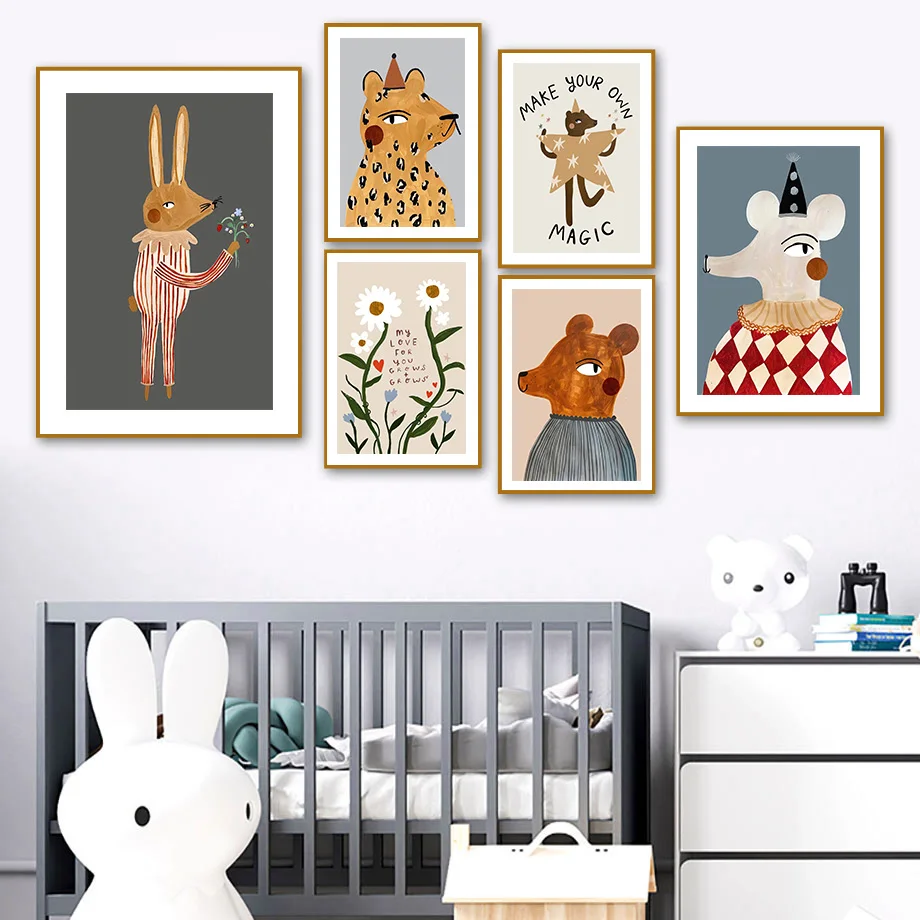Leopard Rabbit Bear Tiger Mouse Rainbow Funny Posters Minimalist Print Canvas Painting Wall Art for Living Room Home Decor