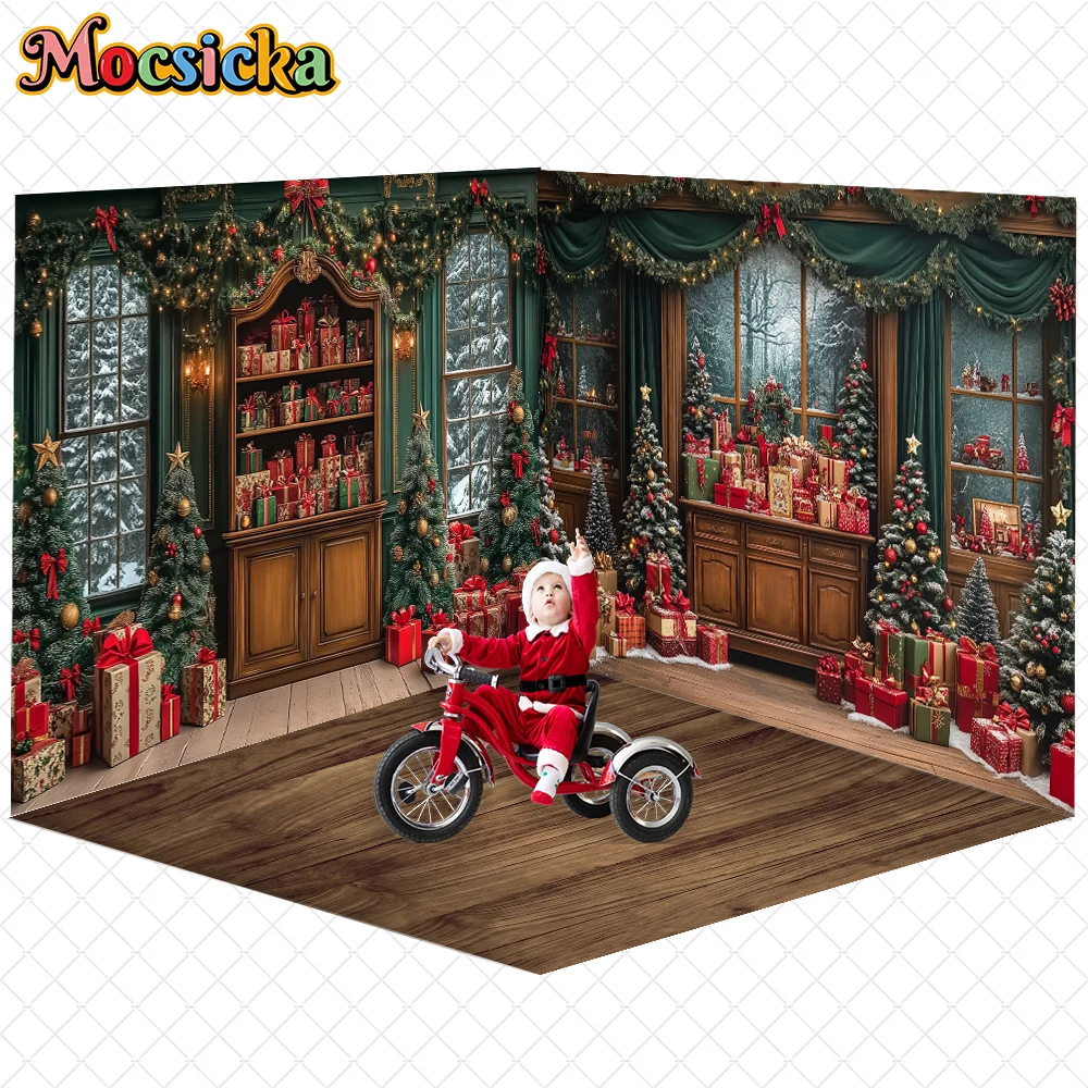 

Mocsicka Christmas Background Xmas Tree Gifts Cabinet Decor Happy New Year Party Adult Kid Portrait Photo Backdrop Studio Banner