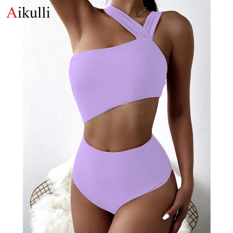 2023 Sexy One Shoulder One Piece Swimsuit Women Solid High Waist Cut Out Swimwear Woman Beachwear Monokini Bodysuit Bathing Suit