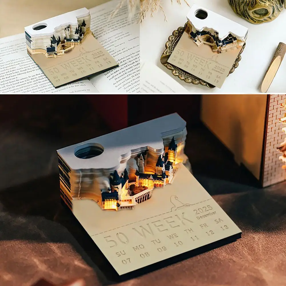 Nuevo 2025 pegatina creativa del calendario del castillo mágico de Hogwarts con luz 3D calendario del castillo rasgado a mano regalo de Año Nuevo