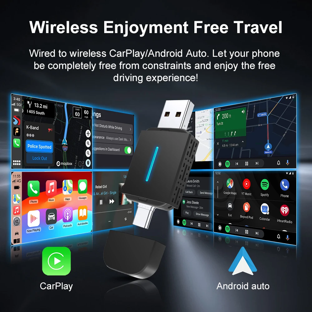 

2в1 Android Auto Wireless Carplay Type-c USB Bluetooth Wi-Fi Plug and Play Подходит для 99% оригинальных проводных автомобилей/автомобилей