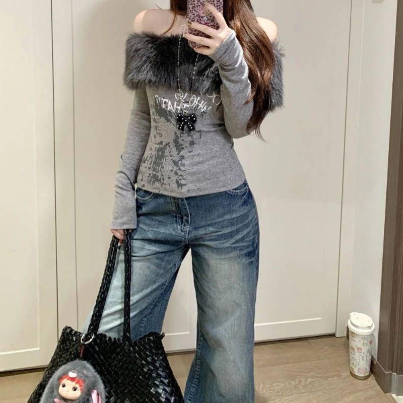 Deeptown Gray Off Shoulder T-Shirts Women Y2k Vintage Graphic Faux Fur Patchwork Tees Long Sleeve Japanese Harajuku Slim Gyaru