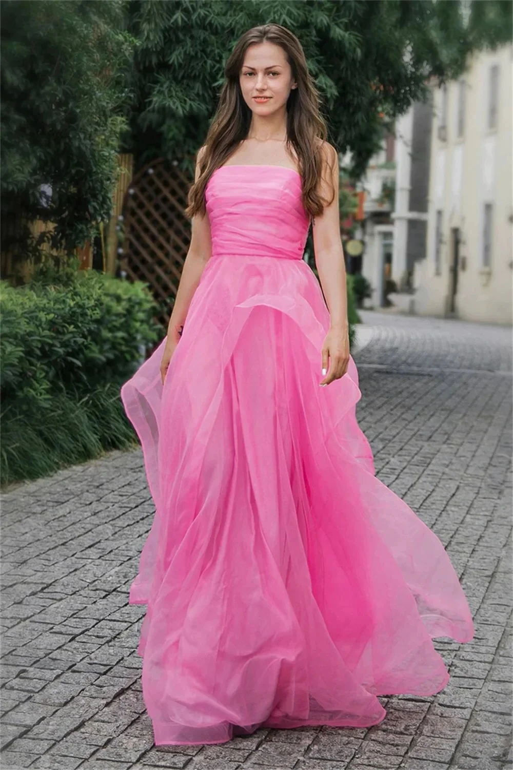 Fnoexw Tulle Pink Strapless Ruffles Prom Dress Sparkling Debut Party Formal Evening Dressفساتين للحفلات الراقصة Robes De Soirée