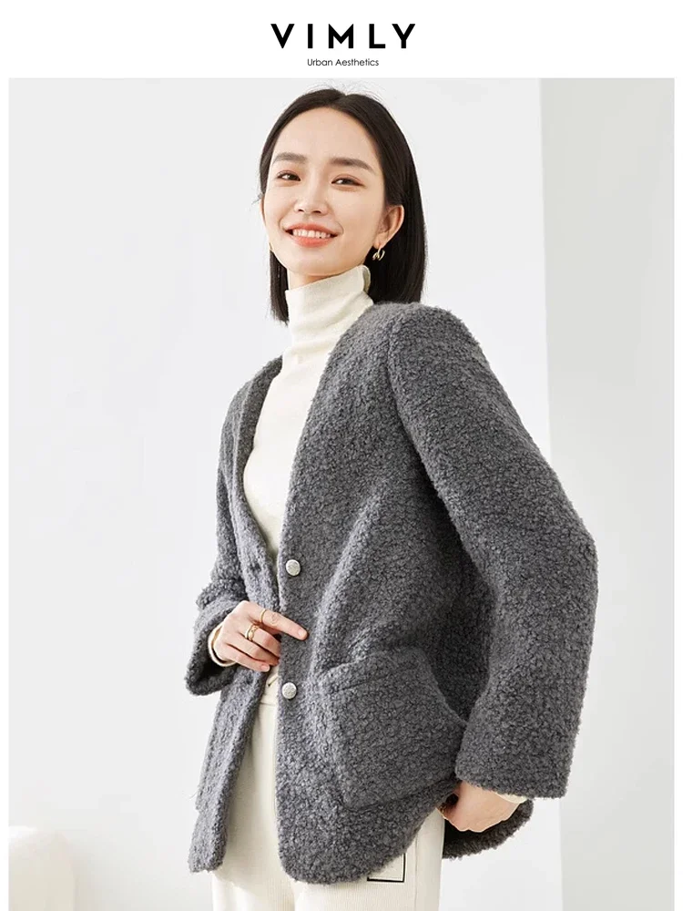 Vimly 2023 Winter Thick Warm Grey V-neck Quilted Jacket Single Breasted Straight Loose Wool Coat for Women Overcoat Female M5319