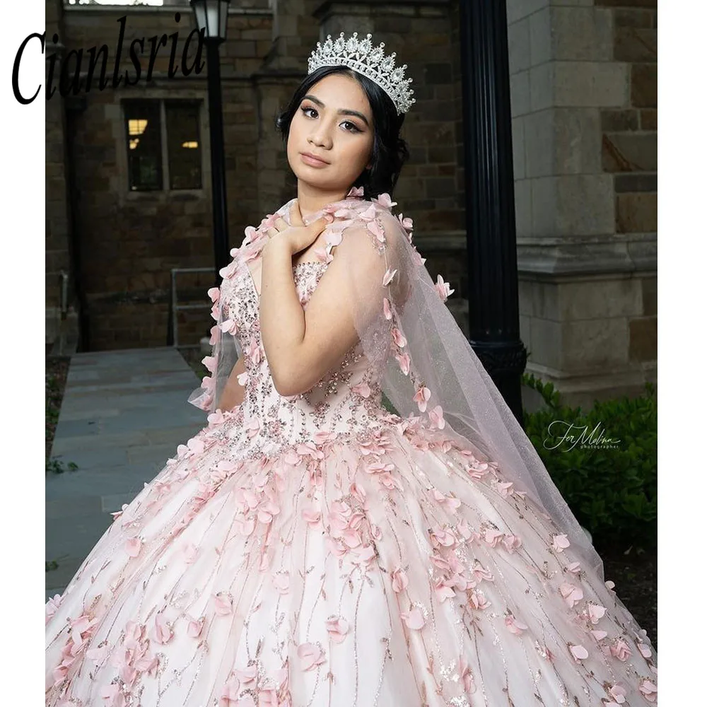 Vestidos rosas para Quinceañera de 16 años, vestido de fiesta con apliques de encaje, con envolturas, Sexy, escote corazón, sin espalda