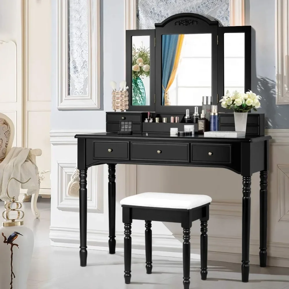 Makeup Vanity Table Set w/ 7 Drawers, Removable Tri-Folding Mirror w/ 8Jewelry Necklace Hooks,Dressing Table w/Open Storage Box