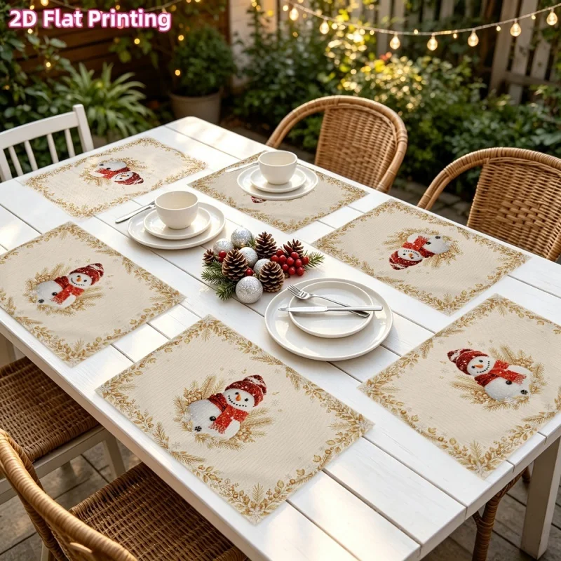 Red Base Golden Line Christmas Tree Print Linen Placemats, Glowing Light Effect Pattern Table Mats for Xmas Winter Holiday