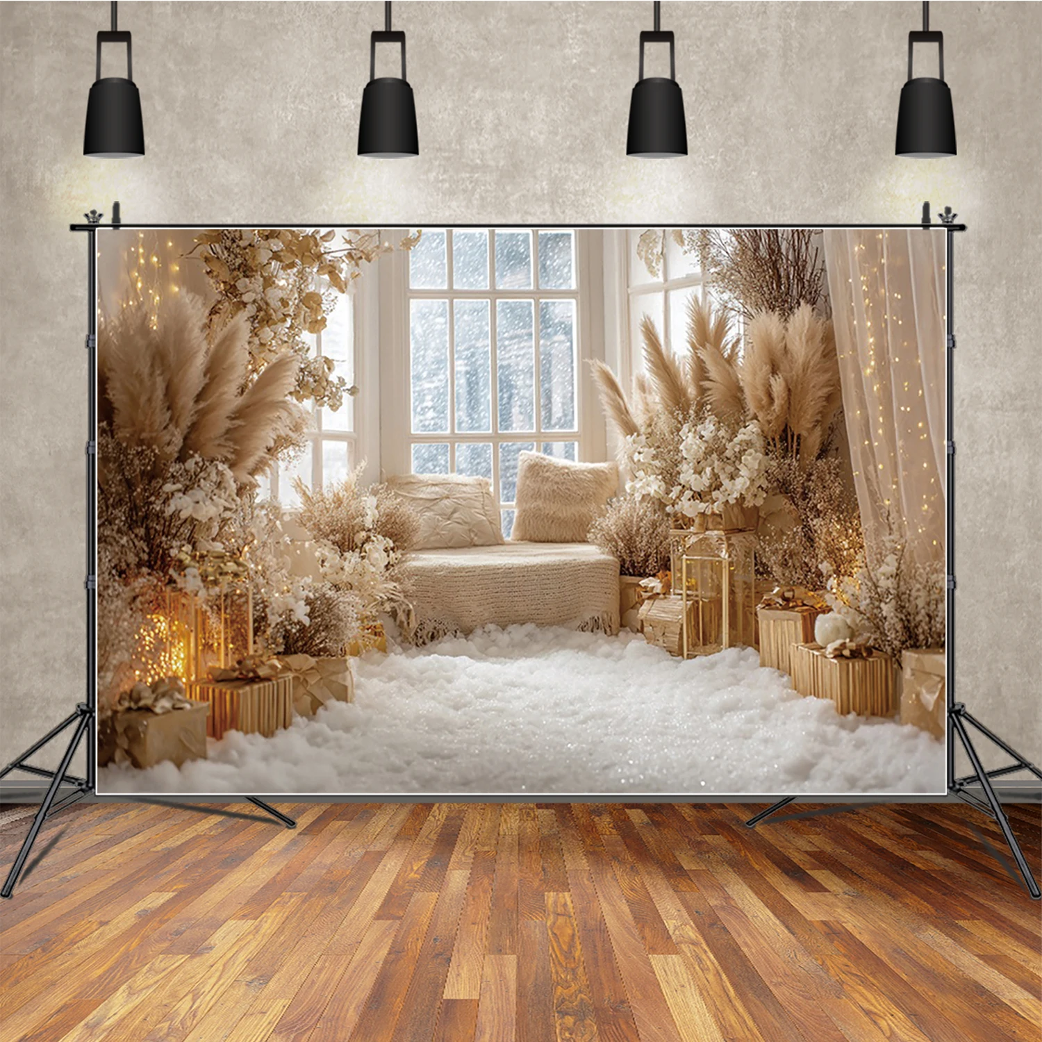 

MOON.QG Pampasgrass Boho Christmas Backdrop Curtain Glitter Window Backgrounds For Photographs Portrait Birthday Photo Studio